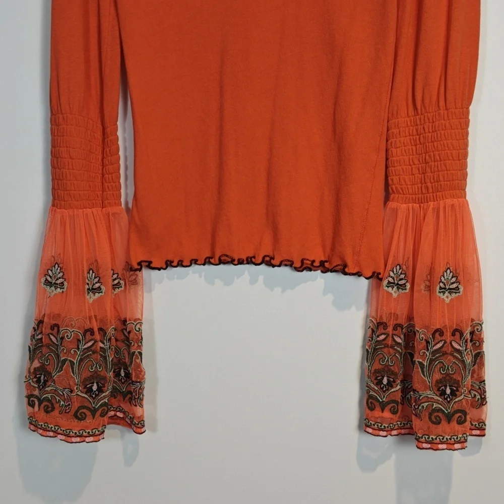 FREE PEOPLE  High Tides Embroidered Flare Sleeve Top Orange Boho XS
